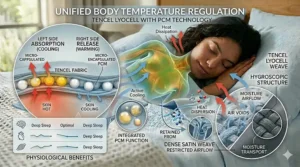 Illustration of a person sleeping at an optimal temperature using thermal-regulating cooling sheets.