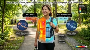 A graphic showing how a cooling vest keeps the torso cool to prevent heat-induced multiple sclerosis flare-ups.