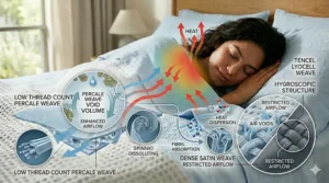 Infographic explaining why lower thread count or percale weaves make for the best cooling sheets.