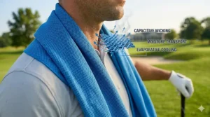 Illustration showing moisture-wicking fabric of a cooling towel for golf.