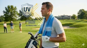 Diagram highlighting UV protection features of a cooling towel for golf.