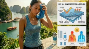 Infographic demonstrating the UPF sun protection benefits of a high-quality cooling towel.