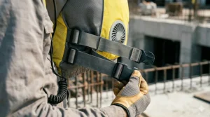 Detail view of the adjustable straps on a breathable battery-powered cooling vest.