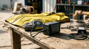Close-up of the lightweight battery pack powering a cooling vest.