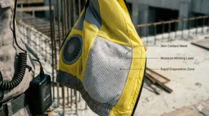 Close-up of the moisture-wicking material used in our battery-powered cooling vest.