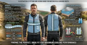 A measurement guide vector showing where to measure chest and torso size for a snug-fitting motorcycle riding cooling vest.
