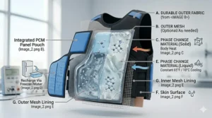 Exploded view of a phase change cooling vest showing the outer shell, insulation, and PCM cooling inserts.