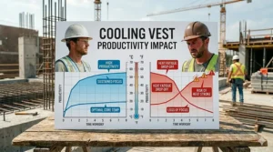 Chart illustrating the link between using cooling vests and maintained productivity levels in high temperatures.