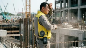 Side profile showing the ergonomic fit of a battery-powered cooling vest.