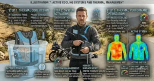 An illustration of an advanced, active-circulating water or fan-powered electric cooling vest option for long-distance motorcycle riding.