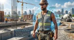 Diagram showing how water evaporation in a cooling vest lowers body temperature for construction labor.