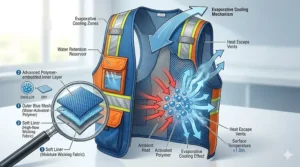 An illustration showing how an evaporative cooling vest uses water activation to lower body temperature.