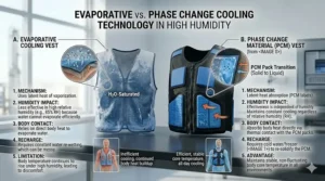 Comparison chart showing the advantages of phase change cooling vests over evaporative cooling in high-humidity environments.