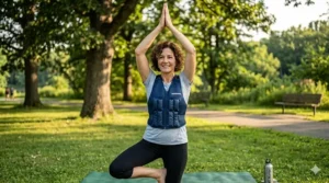 An illustration of a person safely exercising and managing their core temperature by wearing a cooling vest for multiple sclerosis.