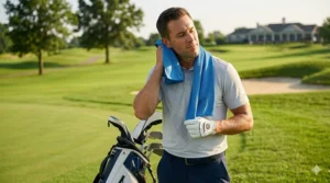 Athlete refreshing their neck with a cooling towel for golf during a round.
