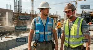 Infographic highlighting how cooling vests reduce the risk of heat-related illnesses on construction sites.