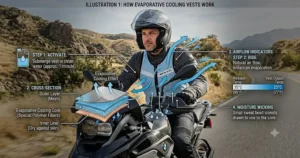 An instructional graphic showing the layered water-retention fabric layers inside an evaporative cooling vest for motorcycle riding.