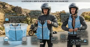 A 3-step vector illustration showing how to submerge, wring out, and wear a water-activated cooling vest for motorcycle riding.