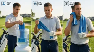 Step-by-step guide on wetting and snapping a cooling towel for golf.