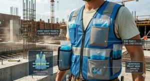 Graphic showing the strategic placement of removable ice packs in a construction cooling vest.