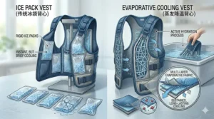 A comparison graphic showing the differences between ice pack vests and evaporative cooling vest models.