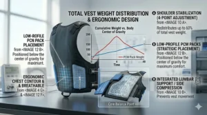 Graphic showing the balanced weight distribution of PCM packs within the vest to prevent fatigue.