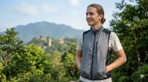 Person wearing a comfortable lightweight cooling vest for outdoor summer activities.