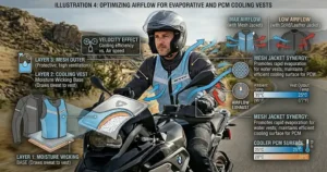 An illustration demonstrating how air flows through a mesh motorcycle jacket to maximize the cooling effect of an underlying vest.
