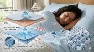 A diagram comparing standard cotton to moisture-wicking cooling sheets that pull sweat away from the skin.