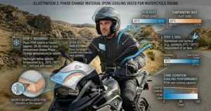 Side-by-side comparison chart illustrating the differences between evaporative and ice-pack phase change cooling vests for motorcycle riding.