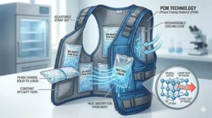 Diagram of a phase change material cooling vest with removable cooling packs for long-lasting temperature control.