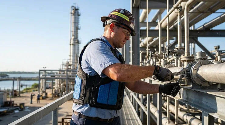 A person wearing a premium phase change cooling vest over a work shirt in a high-temperature industrial setting.