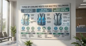 A comparison chart detailing the differences between evaporative, gel pack, and phase change material cooling vests for multiple sclerosis.