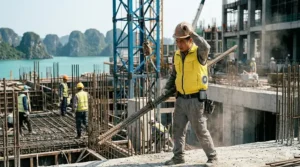Construction worker staying cool in extreme temperatures using a battery-powered cooling vest.