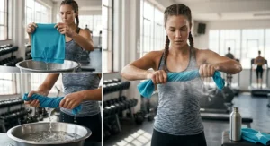 Step-by-step guide on how to activate a cooling towel for gym use.