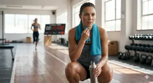 Professional athlete wearing a cooling towel for gym interval training.