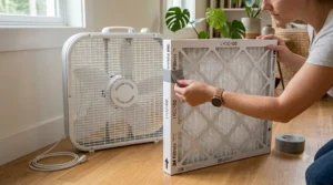How to properly align the air filter to the intake side of the box fan.