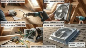 Step-by-step graphic illustrating where an attic fan is mounted in a roof.