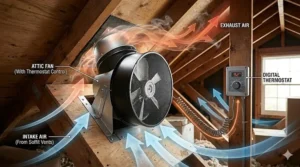 Diagram showing attic fan with thermostat airflow circulation.