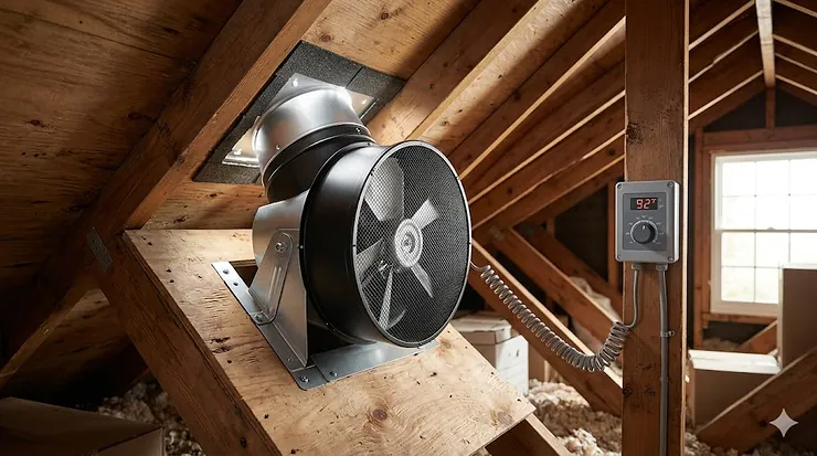 A photorealistic image of a roof-mounted attic fan with its integrated thermostat control unit installed among wooden rafters, showcasing high detail and natural light.