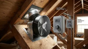 Detail view of the adjustable attic fan with thermostat sensor.