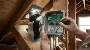 Close-up of wiring a digital attic fan with thermostat.