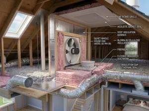 Cross-section view of a quiet whole house fan sealed in attic insulation.