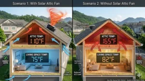 Comparison diagram showing attic temperature with and without a solar attic fan.