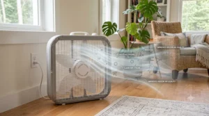 Illustrating how a box fan air filter helps reduce indoor dust and allergens.