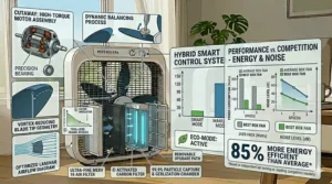 A comprehensive cutaway illustration showing the best box fan’s air filtration system, including HEPA-grade capture and internal air path design.