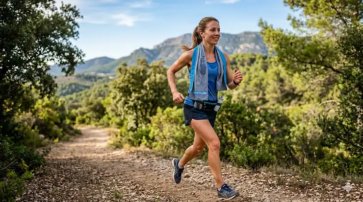 Person wearing a cooling towel around their neck while jogging on a sunny trail. cooling towel for running
