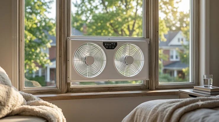 A high-performance best window fan installed in a bedroom window.