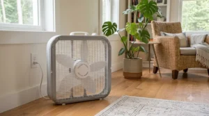 A box fan air filter operating quietly in a home living room setting.