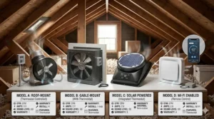 Comparing different models of an attic fan with thermostat.
